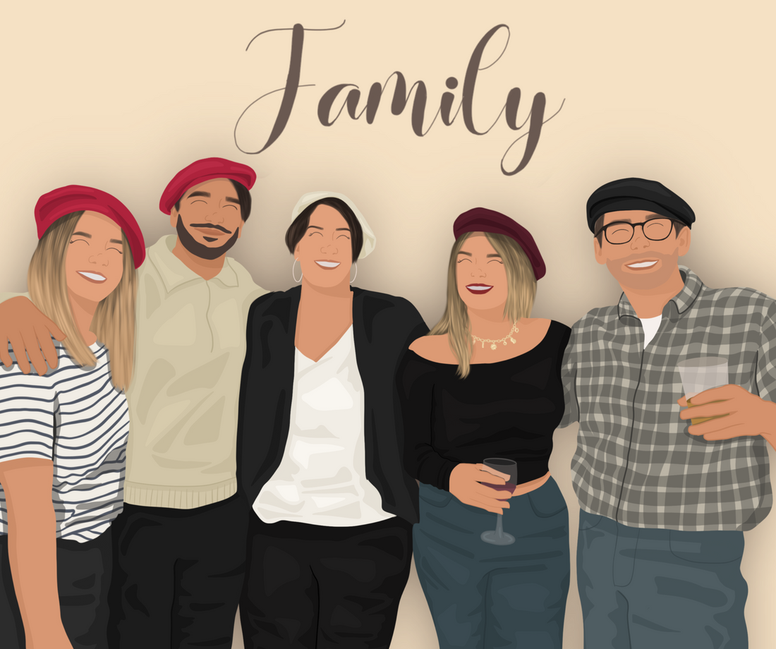 Illustration de famille en flat design, vêtue de marinières et de bérets rouges, avec des verres de vin et l’inscription « Family ».