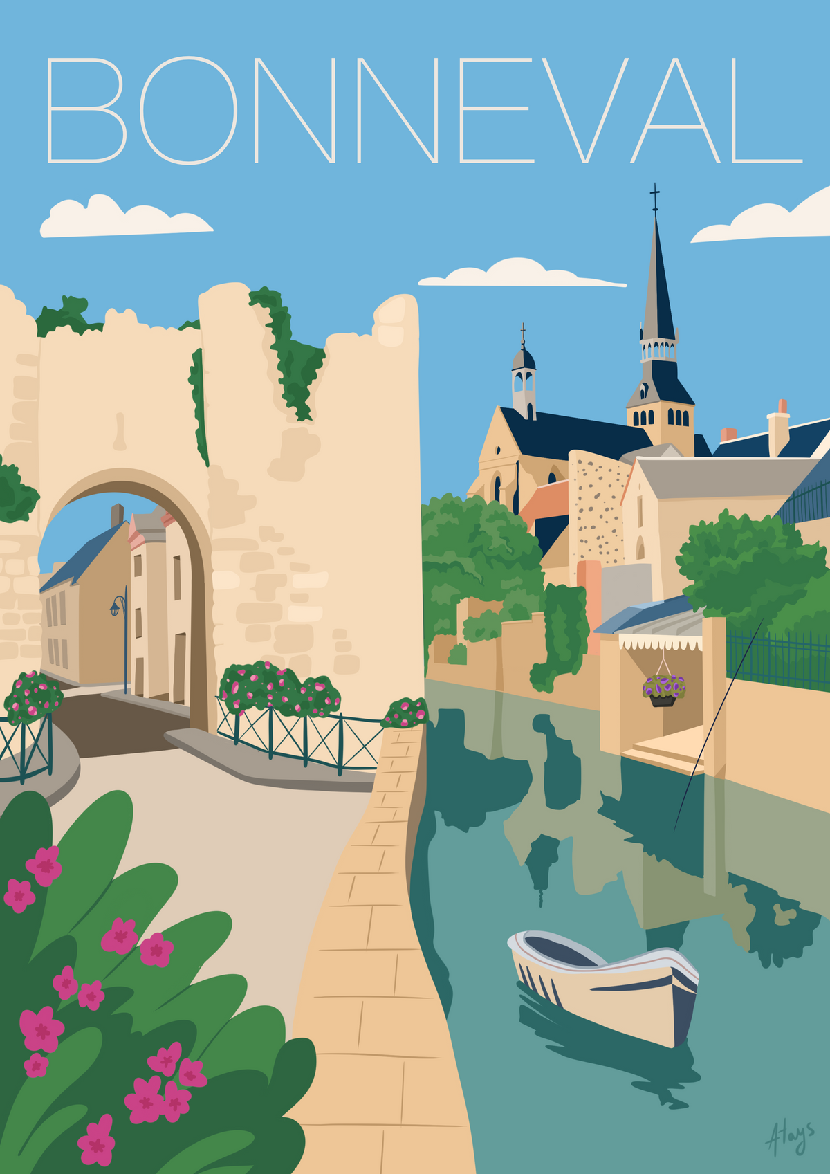 Illustration personnalisée de Bonneval représentant le village, son église, ses remparts et son canal, dessinée par ATAYS